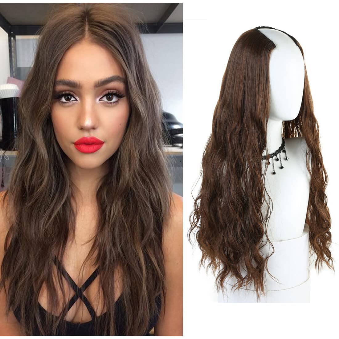 Invisible Loose Wavy U-Shaped Weft 3/4 Half Wig 20" Clip in One Piece Hair Extension Natural Hairpiece Light Brown