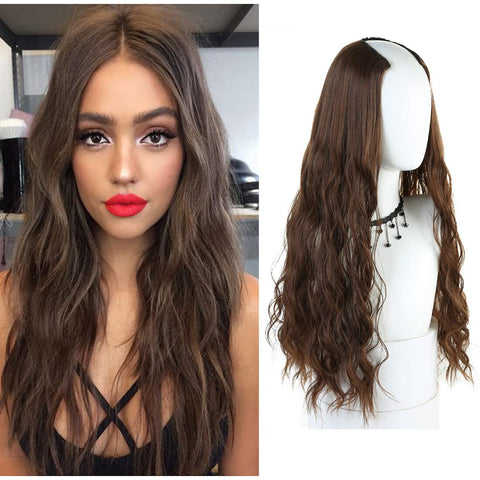 Invisible Loose Wavy U-Shaped Weft 3/4 Half Wig 20" Clip in One Piece Hair Extension Natural Hairpiece Light Brown