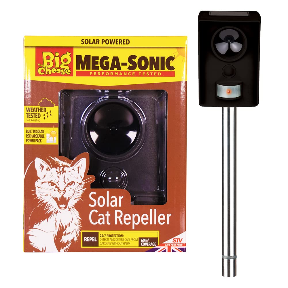 The Big Cheese Mega-Sonic Solar Cat Repeller, Humane Treatment and Deterrent, Protection for Gardens Areas, Motion-Activated and Weatherproof