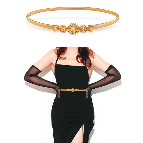 Amaxiu Women Skinny Metal Stretch Belt, Ladies Thin Belts Daisy Buckle Chain Belt Elastic Spring Waist Belt for Dresses Jeans(Gold)
