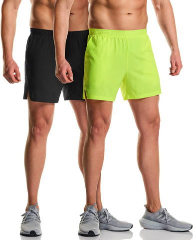 ATHLIO Men's Active Running Shorts, Exercise Workout Shorts, Quick Dry Mesh Sports Athletic Shorts with Pockets, Classic 5 Inches Black/Neon Yellow, X-Large