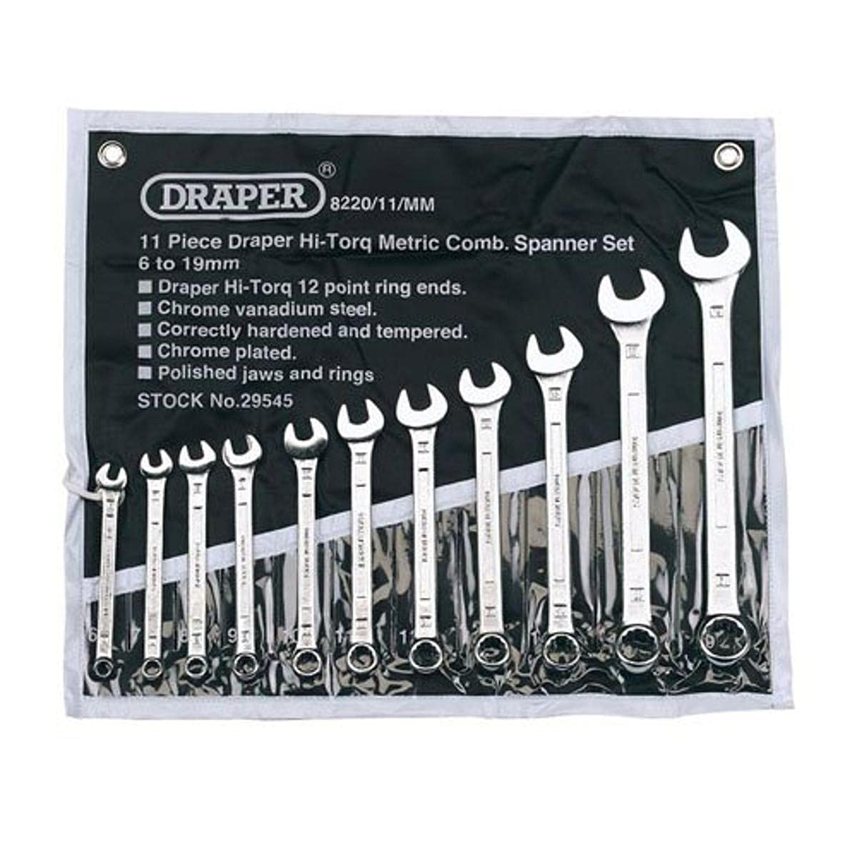 Draper Expert HI-TORQ® 6 to 19mm Combination Spanner Set | 11 Piece Chrome Vanadium Steel Hand Tools | Metric Manual Plated Tools | 29545