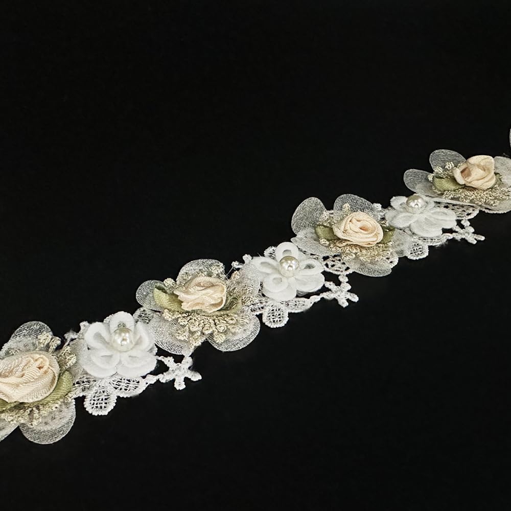 1 Yard White Pearl Beads Rose Flowers Embroidered Lace Edge Trim Fabric Floral Appliques Lace Ribbon Handmade Sewing Craft for Wedding Bridal Dress Clothes Costume Hat Decoration