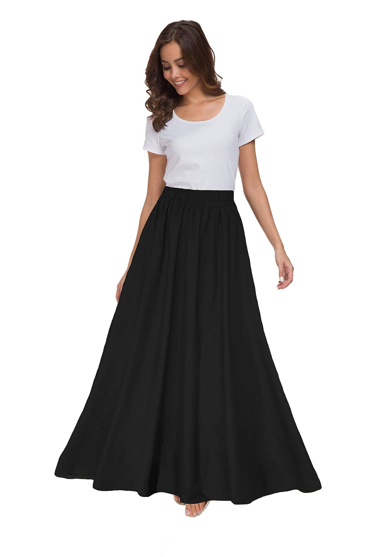 Sinono Womens Chiffon Retro Maxi Skirt Vintage Ankle-Length Skirts, Black, X-Large