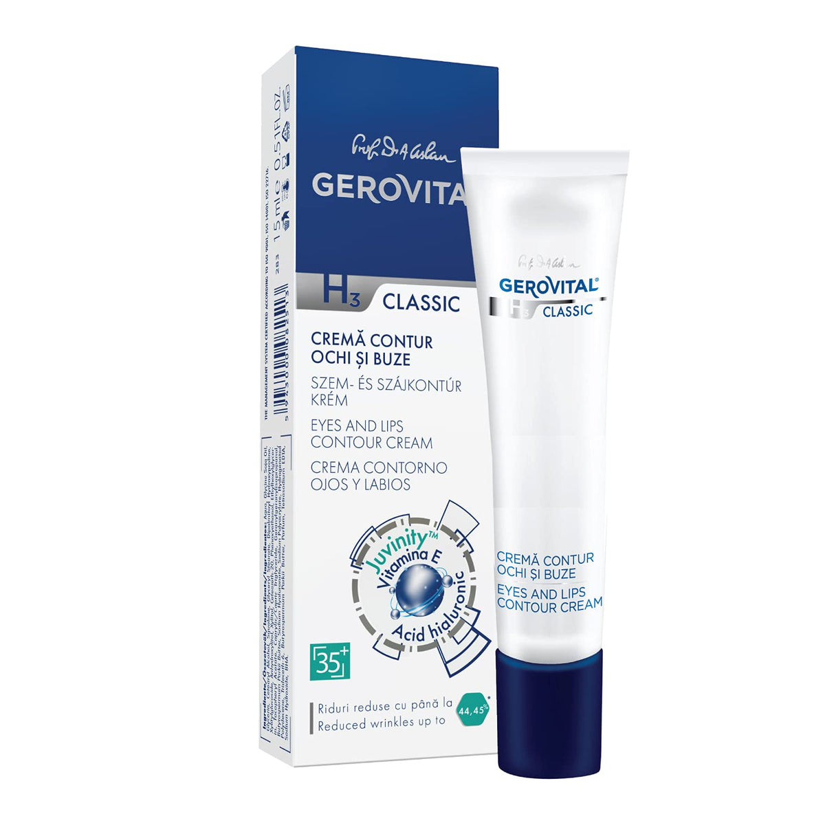 GEROVITAL CLASSIC Anti-wrinkle around Eyes and Lips Lifting Cream with Hyaluronic Acid, Vitamin E and JuvinityÃ¢â€žÂ¢ for Dark Circles, Fine Lines & Wrinkles, 15 ml