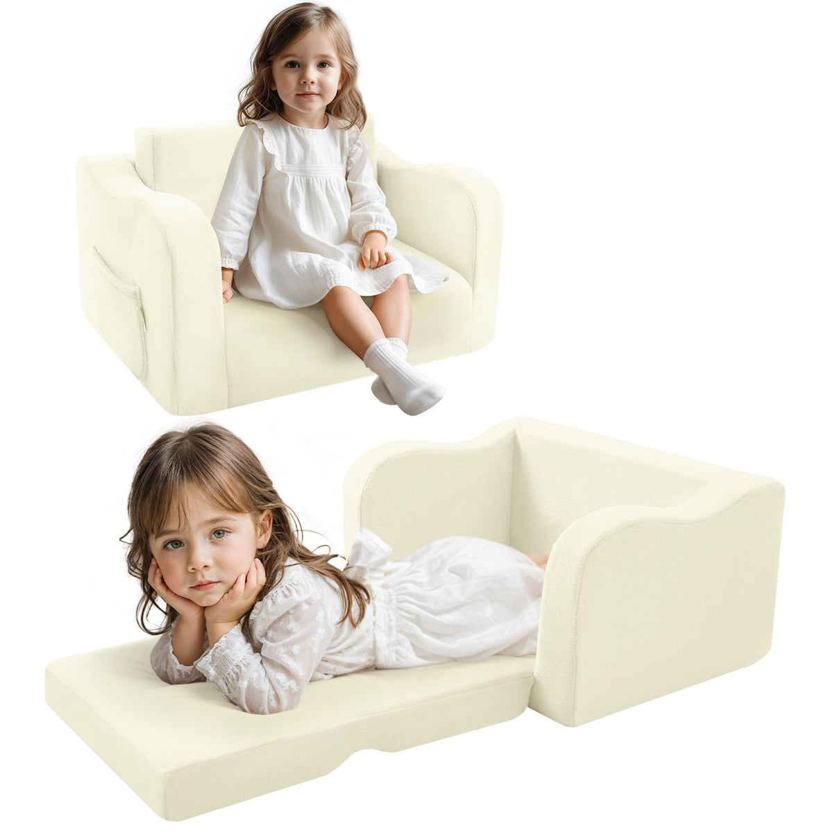 MeMoreCool Fold Out Kids Couch Toddler Chair, Comfy Baby Sofa Kid Lounge Chair for Toddlers 1-4, Convertible Child Recliner Foldable Children Couch Bed, Pull Out Chair for Boy Girl, Cream