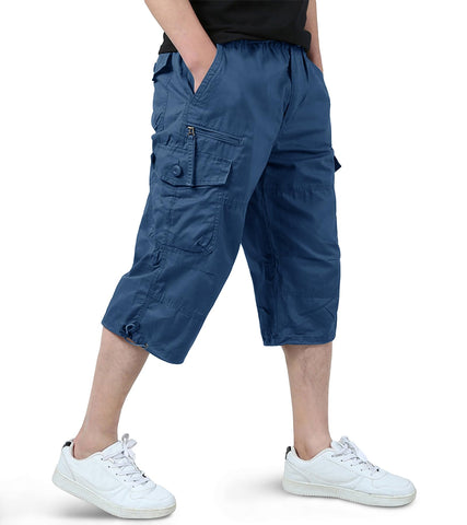 EKLENTSON Men's Work Shorts Premium Twill Cargo Shorts Men Classic Fit Belted Expandable Waist Shorts for Men, Bluish Grey, 32