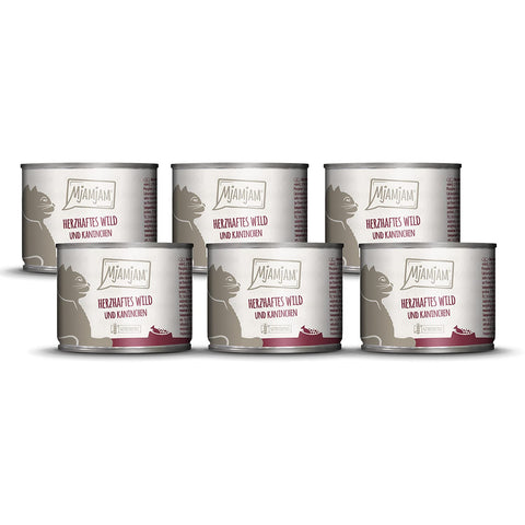 MjAMjAM - premium wet food for cats - hearty game & rabbit with fruity blueberries, pack of 6 (6 x 200 g), grain-free with extra meat