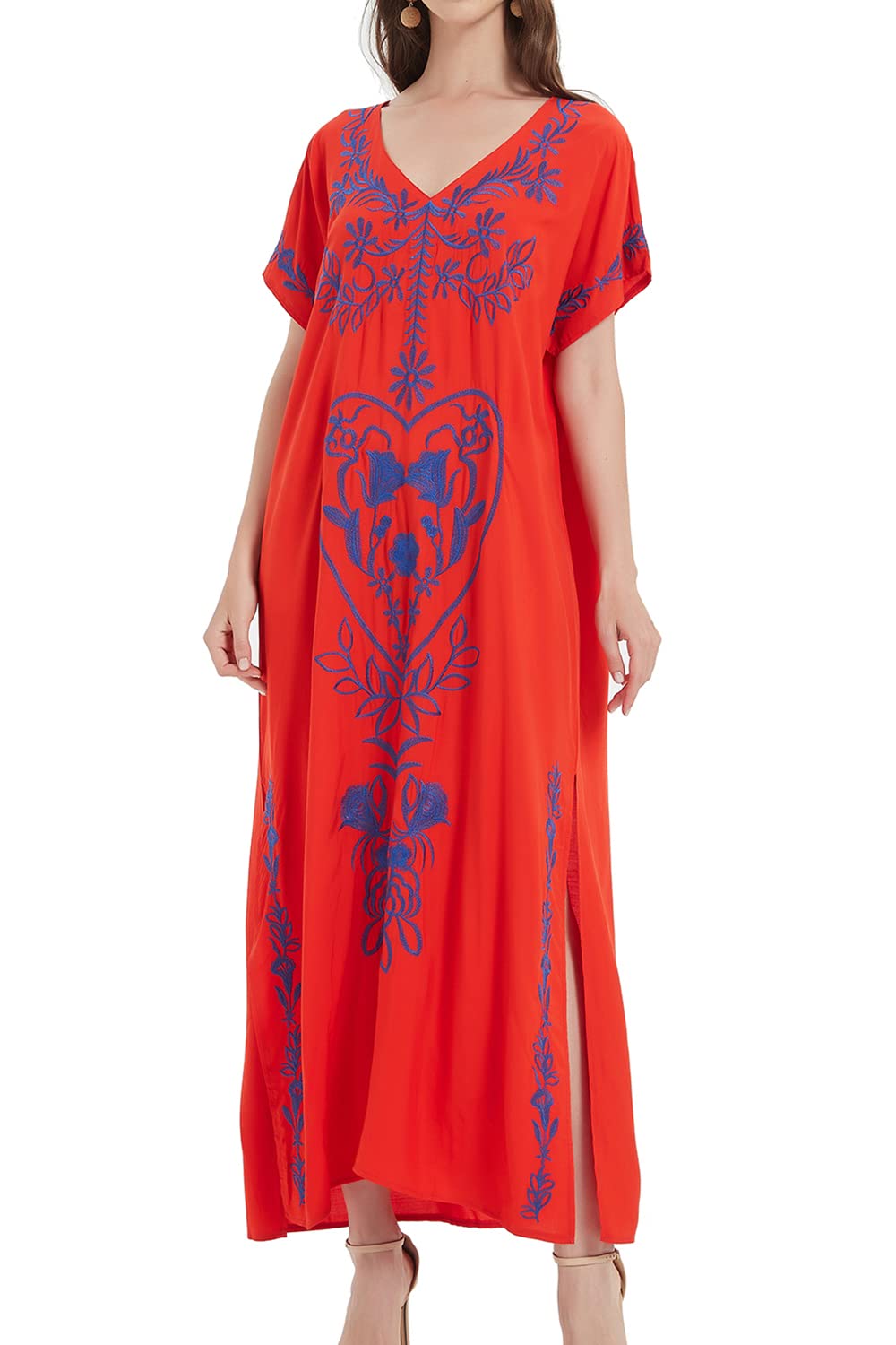 YouKD Embroidered Floral Loose Caftan Boho Beach Bikini Cover Up Dress Plus Size Robe for Women