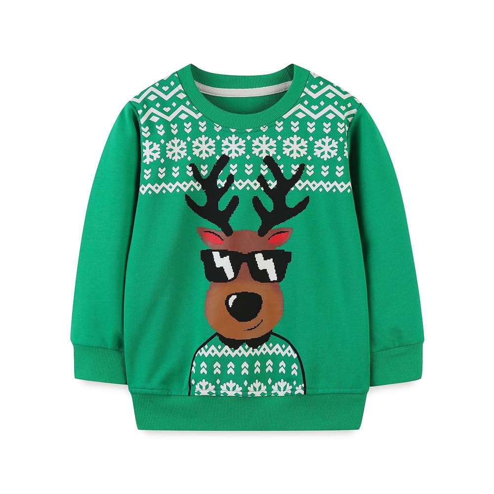 LitBud Boys Sweatshirts Christmas for Toddler Reindeer Toddler Clothes Casual Jumper Girl Cotton Top T Shirt Long Sleeve Crewneck Pullover fall Winter for Kids Green Age 3-4 Years Old 4T