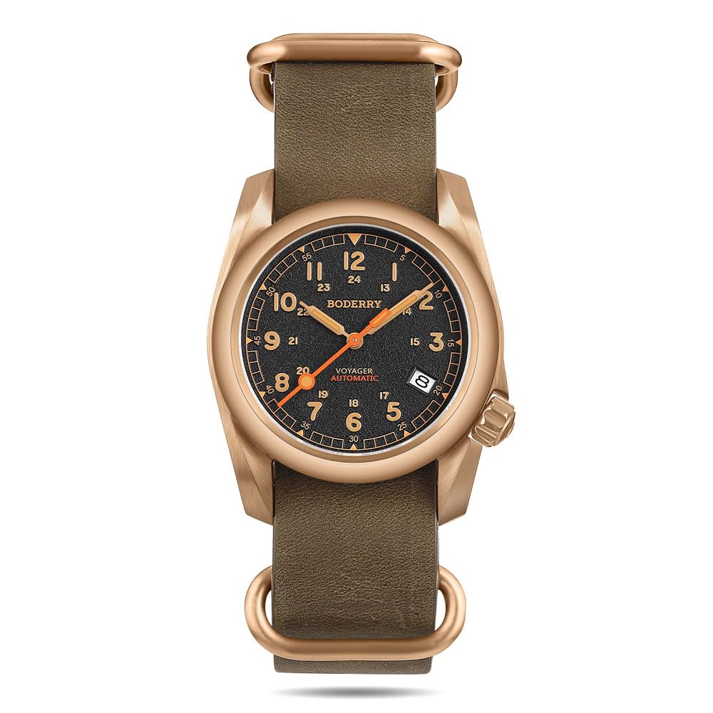 BODERRY Men's Watch Bronze Automatic Field Watch 40mm Military Watch Date Function 100M Waterproof with Genuine Leather Strap Japanese Mechanical Movement & Screw Down Crown-Voyager