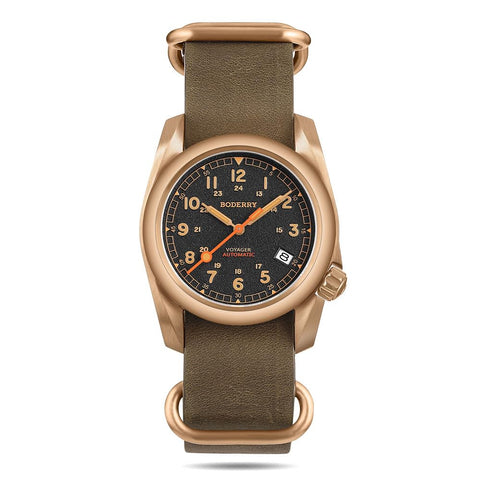 BODERRY Men's Watch Bronze Automatic Field Watch 40mm Military Watch Date Function 100M Waterproof with Genuine Leather Strap Japanese Mechanical Movement & Screw Down Crown-Voyager