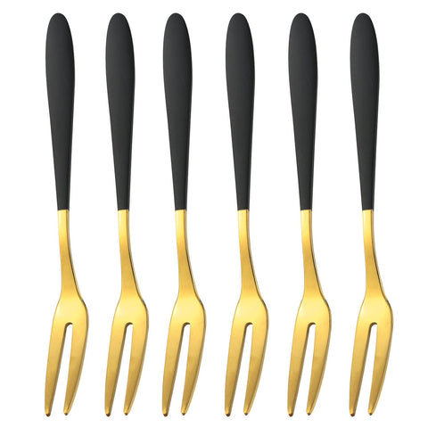 ZZLZX 6PCS Black And Gold Fruit Fork, Stainless Steel Tea Fork Set, Small Cake Fork, Fruit Forks, Mini Cocktail Fruit Dessert Tasting Fork