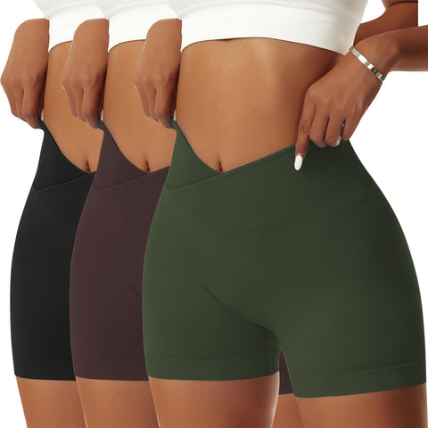 Vertvie 3 Pack Crossover Biker Shorts for Women Scrunch Butt V Cross Workout Gym Shorts High Waisted Running Yoga Shorts (Black/Army Green/Dark Brown, Small)