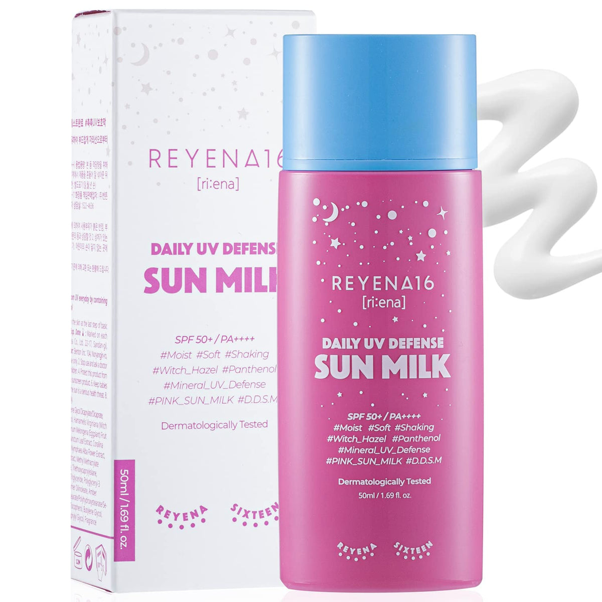 REYENA16 Daily UV Defense Sun Milk SPF50+/PA++++ - Lightweight Sunscreen Protector for Face with Panthenol & Calamine - Hydrating & Nourishing Sunscreen Lotion - Mineral-Based Zinc Oxide Formula, 16.9 fl.oz.
