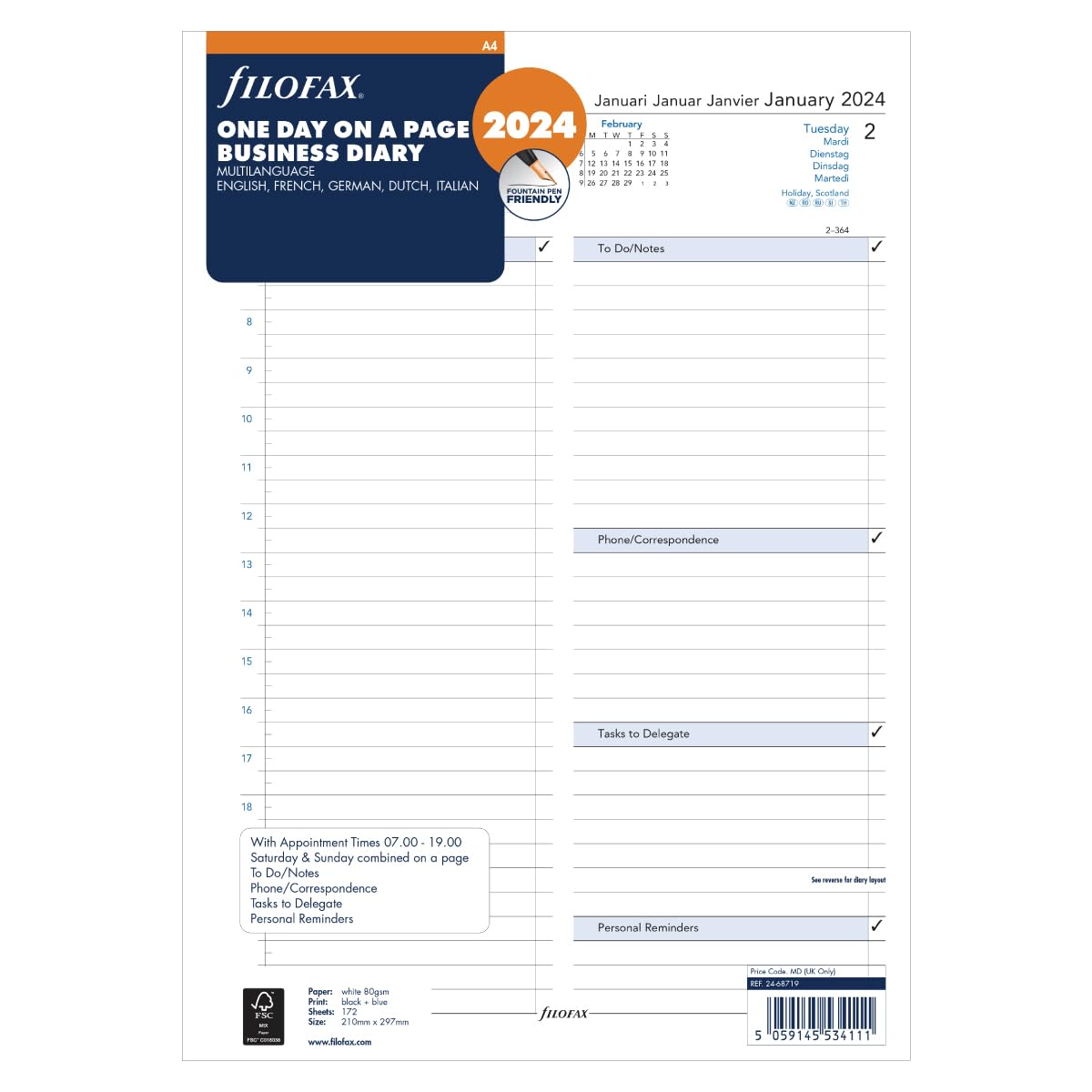 Filofax A4 day per page 5 language appointments diary - 2024