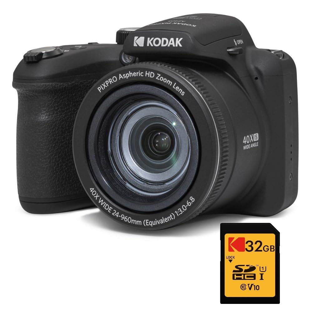 KODAK Bridge Digital Pack Pixpro Astro Zoom AZ405 + 32GB Kodak Ultra High Speed U1 SDHC Card - 20MP Camera, 40X Zoom, Wide Angle, 3" LCD Screen, Full HD 1080p Video, OIS, AA Battery - Black