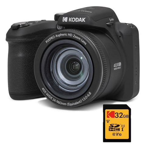 KODAK Bridge Digital Pack Pixpro Astro Zoom AZ405 + 32GB Kodak Ultra High Speed U1 SDHC Card - 20MP Camera, 40X Zoom, Wide Angle, 3" LCD Screen, Full HD 1080p Video, OIS, AA Battery - Black