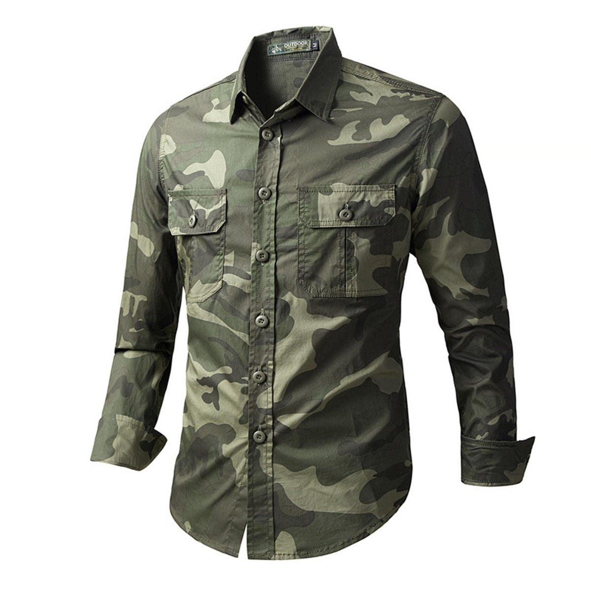 MTINDO Men's Military Uniform Camouflage Shirt Outdoor Military Combat Training Long Sleeve Shirt Pocket Lapel Cargo Shirt Army Green S