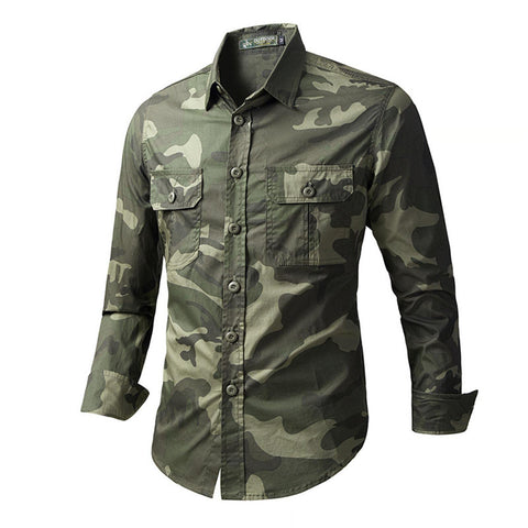 MTINDO Men's Military Uniform Camouflage Shirt Outdoor Military Combat Training Long Sleeve Shirt Pocket Lapel Cargo Shirt Army Green S