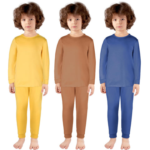 Silkfly 3 Set Kid Thermal Underwear Set Soft Fleece Lined Boys and Girls Long Winter Johns Base Layer Thermal Top and Bottom (Brown, Dark Blue, Yellow)
