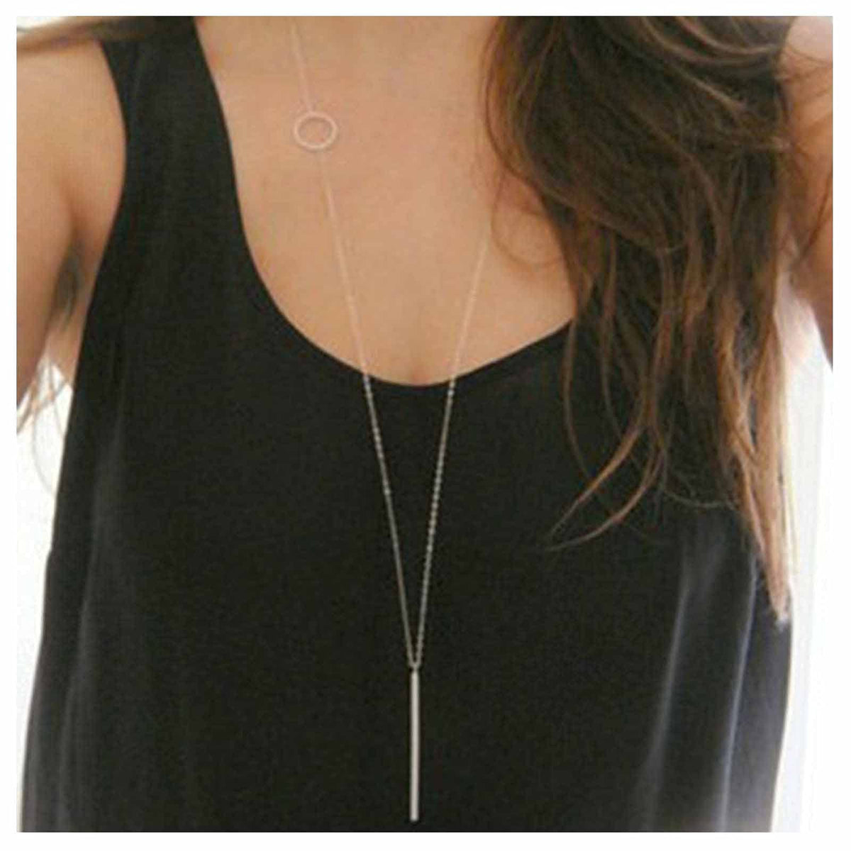 Yheakne Vertical Bar Circle Necklace Silver Circle Pendant Necklace Boho Long Necklaces Chain Minimalist Geometric Ring Necklace Jewelry for Women and Girls