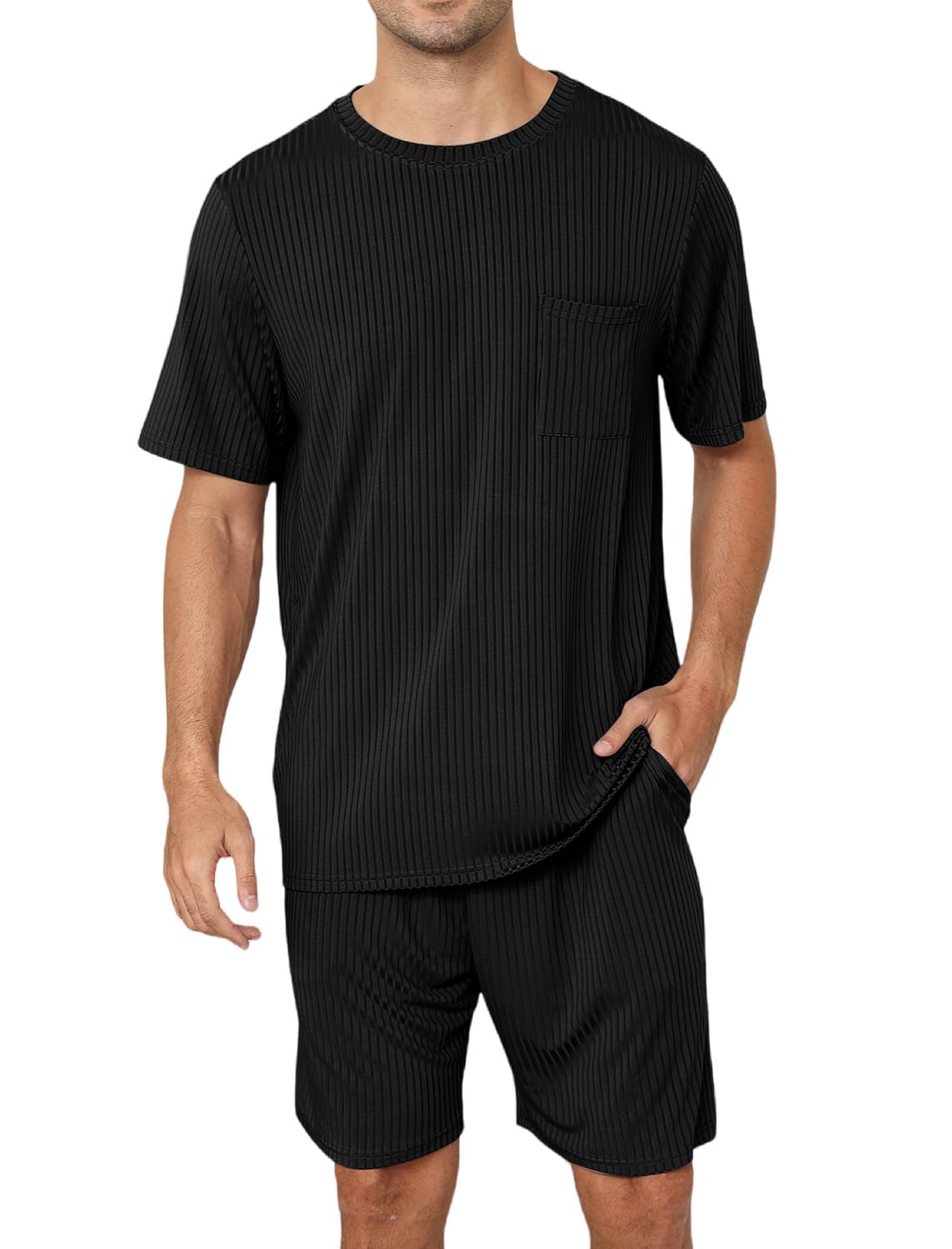 EISHOPEER Mens Ribbed Knit Sleepwear Pajamas Set Loungewear Short Sleeve Lounge Set 2 Piece PJ Sets Black Large