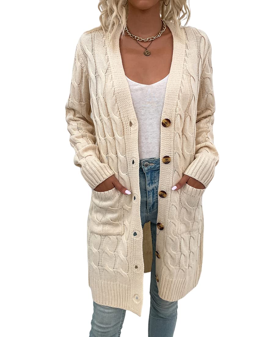 Acramy Women's Button Cardigan Long Sleeve Cardigan Long Warm Knitted Coat with Pockets, beige, L