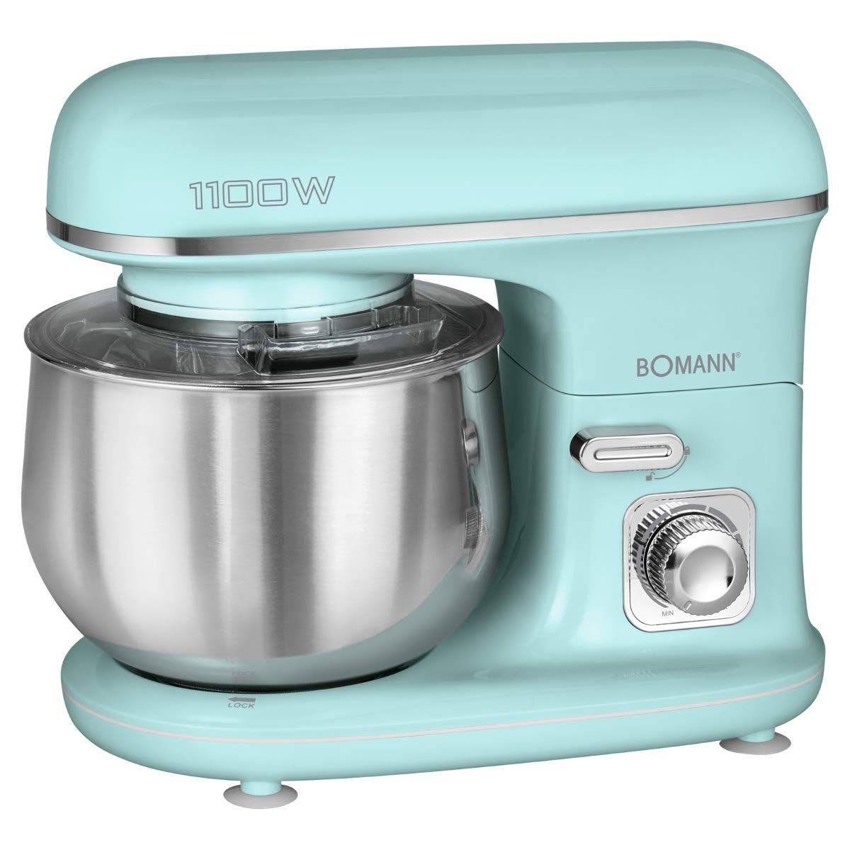 Bomann KM 6030 CB Kneader with Splash Guard Cover Transparent with Filling Opening, 1100 W, 5 L, Multi-Function Swivel Arm Mint Green