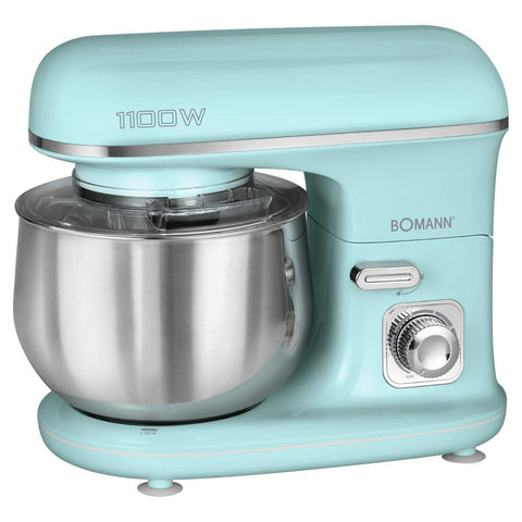 Bomann KM 6030 CB Kneader with Splash Guard Cover Transparent with Filling Opening, 1100 W, 5 L, Multi-Function Swivel Arm Mint Green