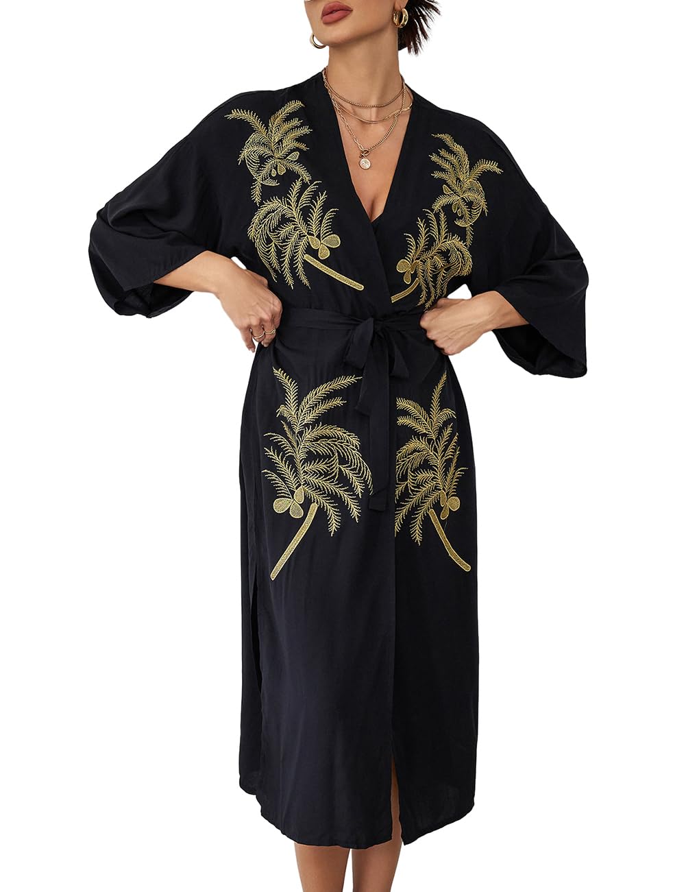 Bsubseach Long Kimonos for Women Casual Cover Ups for Swimwear Gold Embroidery Swimsuit Coverup with Belt