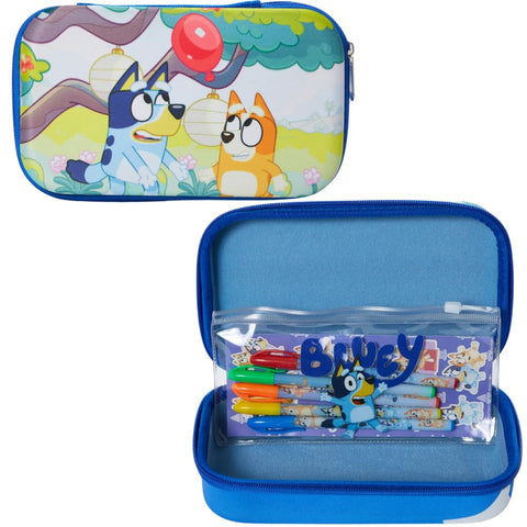 Innovative Designs Bluey Pencil Case Set with Stickers and Gel Pens for Kids, Molded with Zip Closure