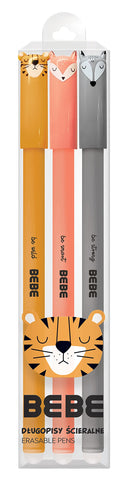 Erasable Rollerball Pen - Cute Animals Themes - with Rubber - Blue Ink - Tiger + Fox + Wolf - Set of 3