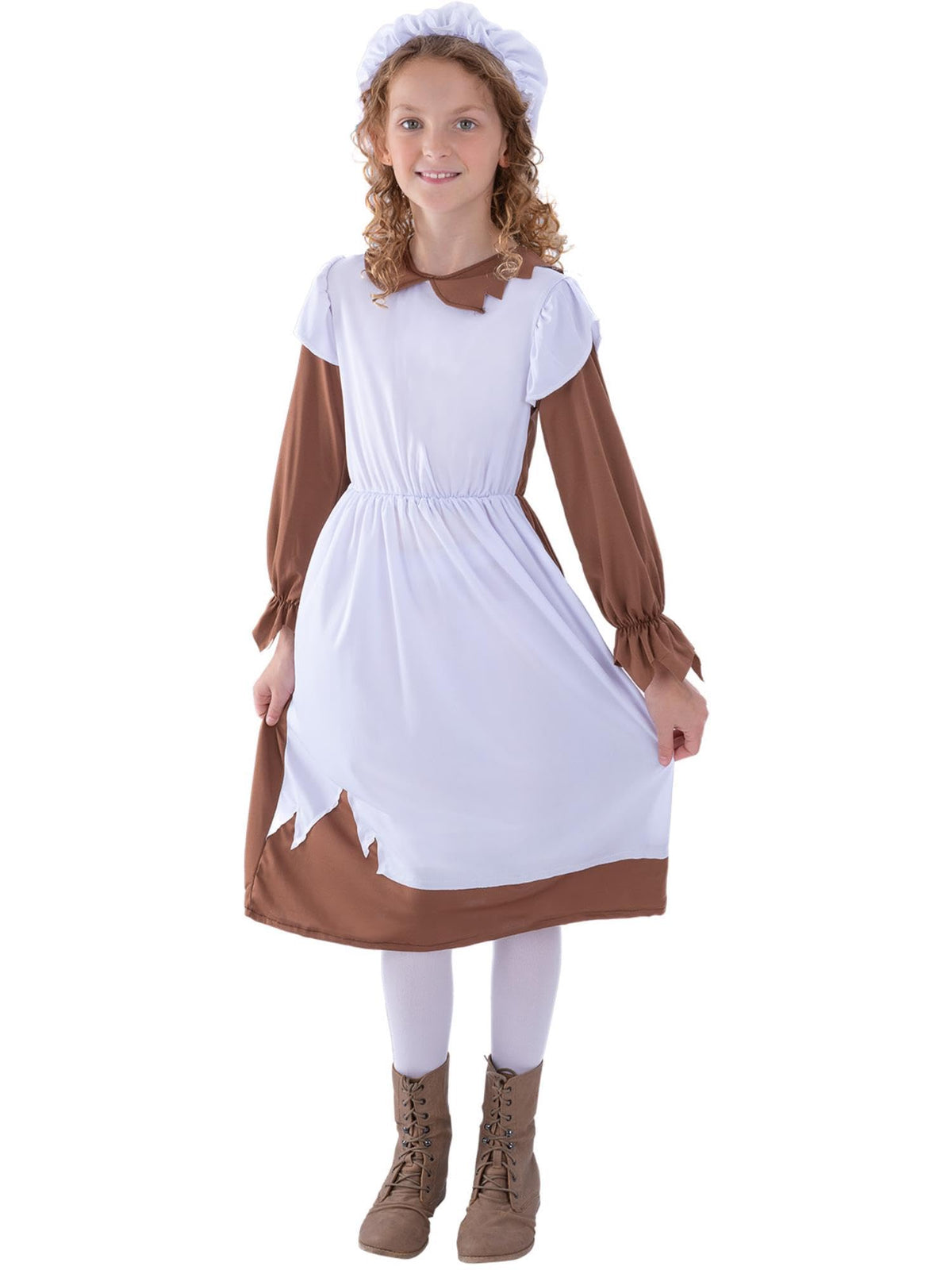 Smiffys Poor Victorian Costume, Brown & White with Dress & Hat, Girls Fancy Dress, Child Dress Up Costumes