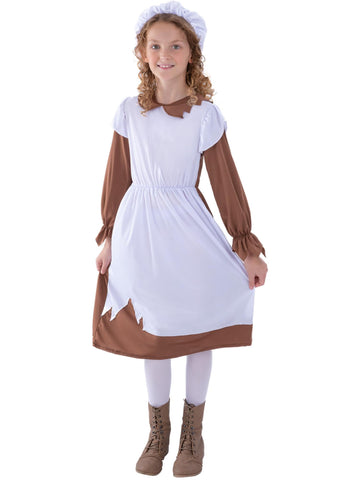 Smiffys Poor Victorian Costume, Brown & White with Dress & Hat, Girls Fancy Dress, Child Dress Up Costumes