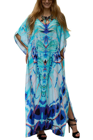 YouKD Women's Summer Kaftan Maxi Boho Dress Beach Coverup Robe Long Kimono One Size Bathrobes A Light Blue