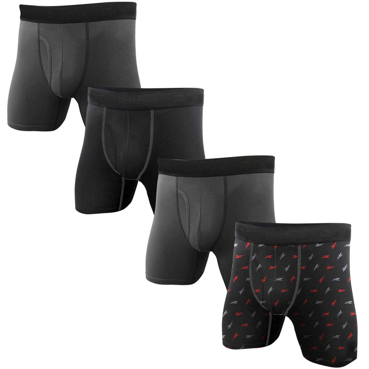 Reebok Mens 4 Pack Performance Boxer Briefs with Comfort Pouch - Grey/Black/Grey/Black Print XX-Large