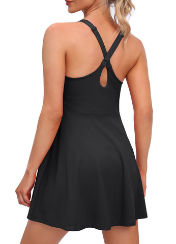Womens Tennis Dress with Shorts Underneath, Golf Workout Dress Pockets Exercise Athletic Dress for Women, Black, L