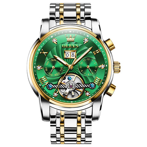 OLEVS Automatic Men Watch Green Face Tourbillon Self Winding Mechanics Luxury Business Stainless Steel Strap Luminous Waterproof Wrist Watch