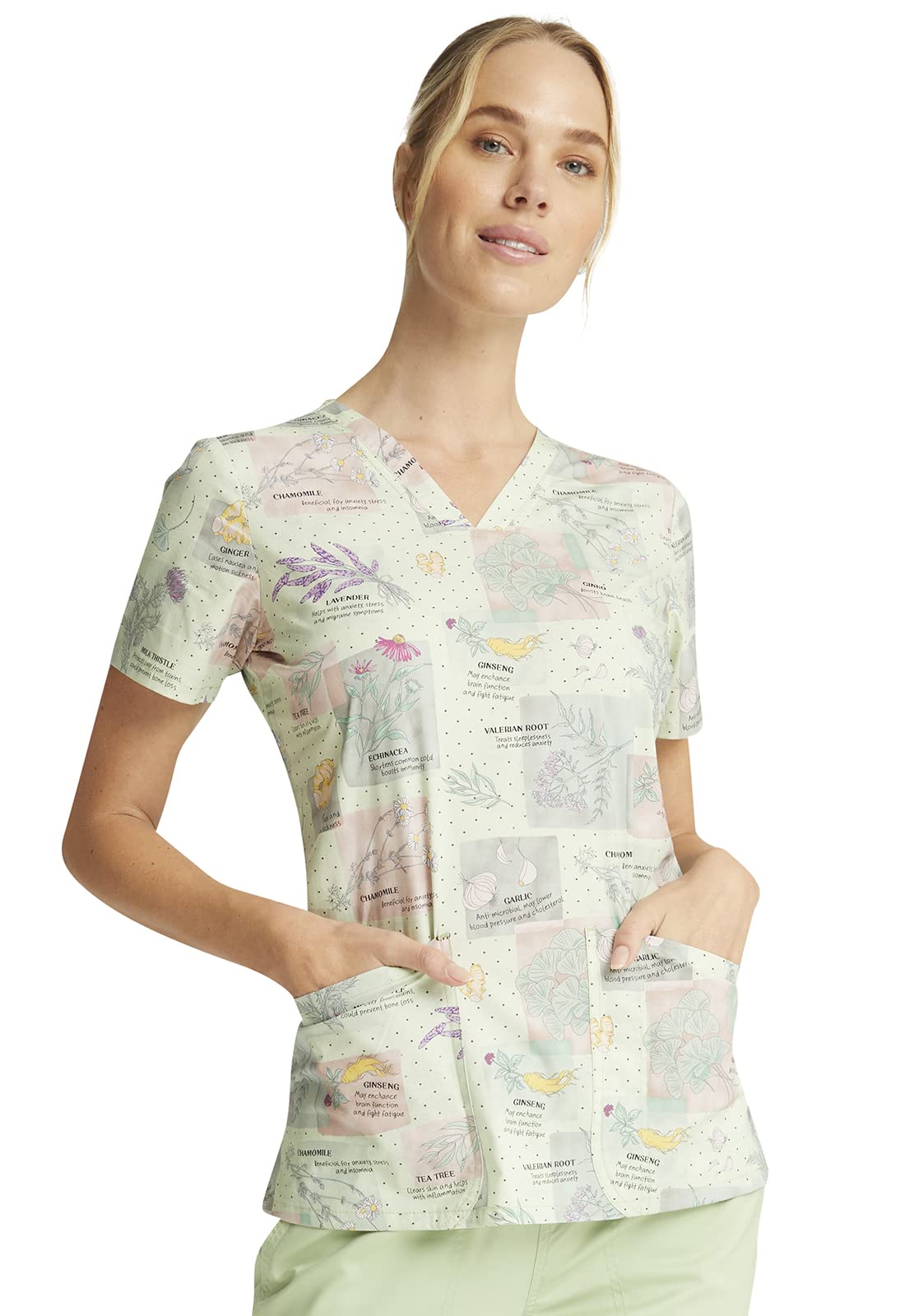 Cherokee Prints Women Scrubs Top V-Neck Print CK651, M, Herbal Wellness