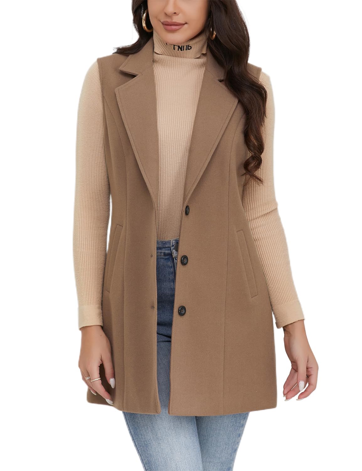 IDEALSANXUN Long Vest for Women Sleeveless Blazer Jackets Trench Coat 2024 Wool Coat Jackets Fall Fashion Outfits Winter Clothes Outerwear, Pure Dark Khaki, L