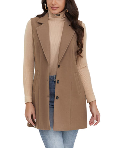 IDEALSANXUN Long Vest for Women Sleeveless Blazer Jackets Trench Coat 2024 Wool Coat Jackets Fall Fashion Outfits Winter Clothes Outerwear, Pure Dark Khaki, L