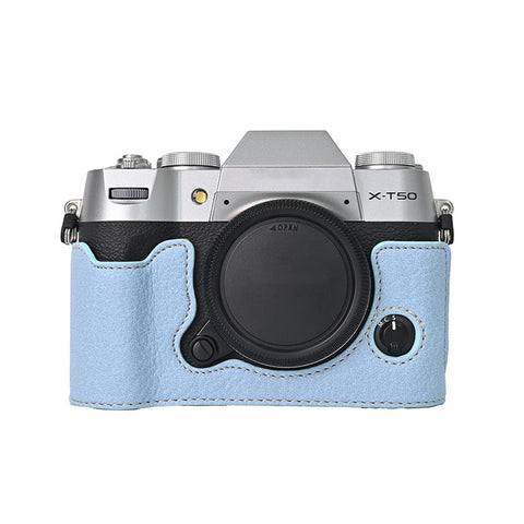 VOVMOEYA Camera Case for FUJIFILM X-T50 Mirrorless Digital Camera,Fuji XT50 Half Case With Soft microfiber Inner,Function Well With 1/4"-20 thread hole Retro PU Leather litchi stria-Baby Blue