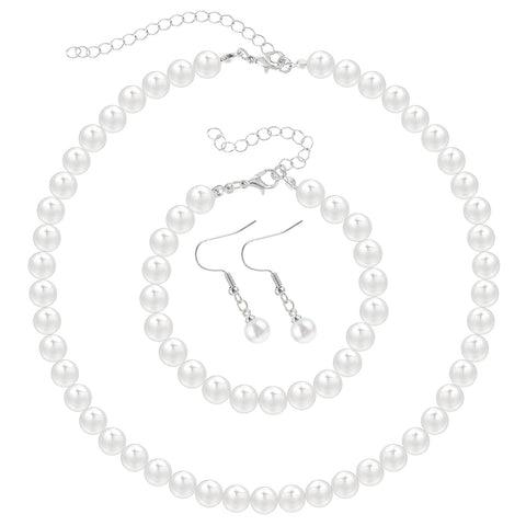Telooco Pearl Necklace and Earring Set 8mm Faux Pearl Jewelry 3 Set for Women White Pearl Costume Jewelry Accessories for Birthday Wedding Party Gift