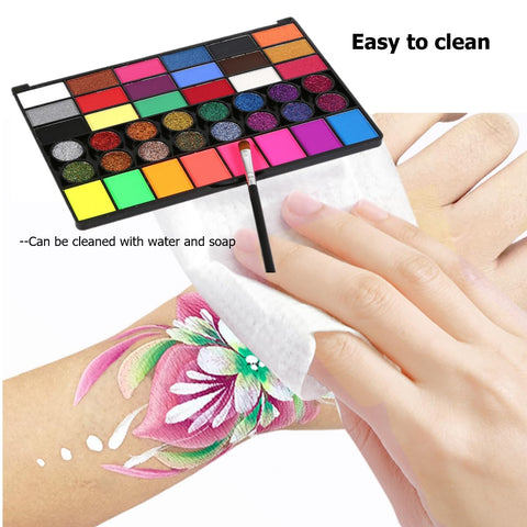KARLOR 42 Colours Face Paint Palette with Brush, 18 Matte Face Paint + 16 Glitter Colours + 8 UV Neon Face Paint, Face Paint, Body Painting, Face Make-Up Paint, Theatre Make-Up, Water Soluble