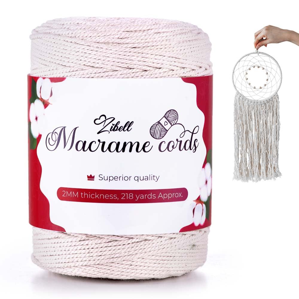 Macrame Cord 2mm x 218 Yards, 100% Natural Cotton Cord Macrame Rope Twisted Macrame String Wall Hanging Plant Hangers Gift Wrapping DIY Crafts Knitting Wedding Christmas Decorations by Zibell