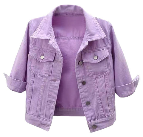 loveimgs Women Casual 3/4 Sleeve Button Down Cropped Denim Jean Jacket Motorcycle Short Jacket (Large, Purple)