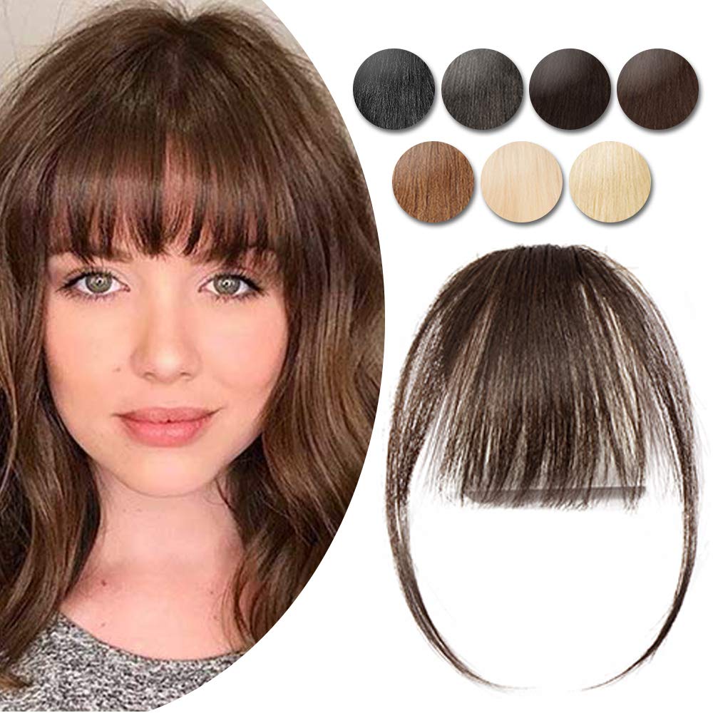 Hairro Clip in Bangs Real Hair Air Bangs Hair Piece 100% Human Hair Two Side Bangs With Temples Thin One Piece Hair Air Fringe Blonde Clip On Hair Bangs Hair Extensions for Women Girls #02 Dark Brown