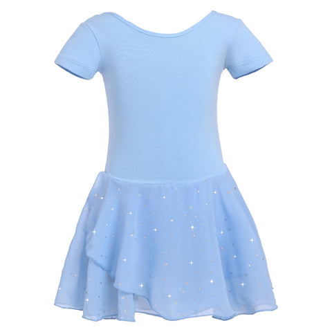 zffriction Girls Ballet Dress Shiny Sequines Ballet Outfit for Kids Toddlers Short Sleeve Gymnastics Dance Leotard with Chiffon Tutu Skirt (UK, Numeric, 100, Regular, Blue)