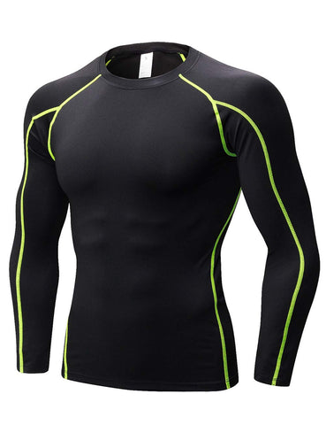 TOPTIE Men's Long Sleeve Fitted Compression Shirt, Cool Dry Base Layer for Men-black with green-M